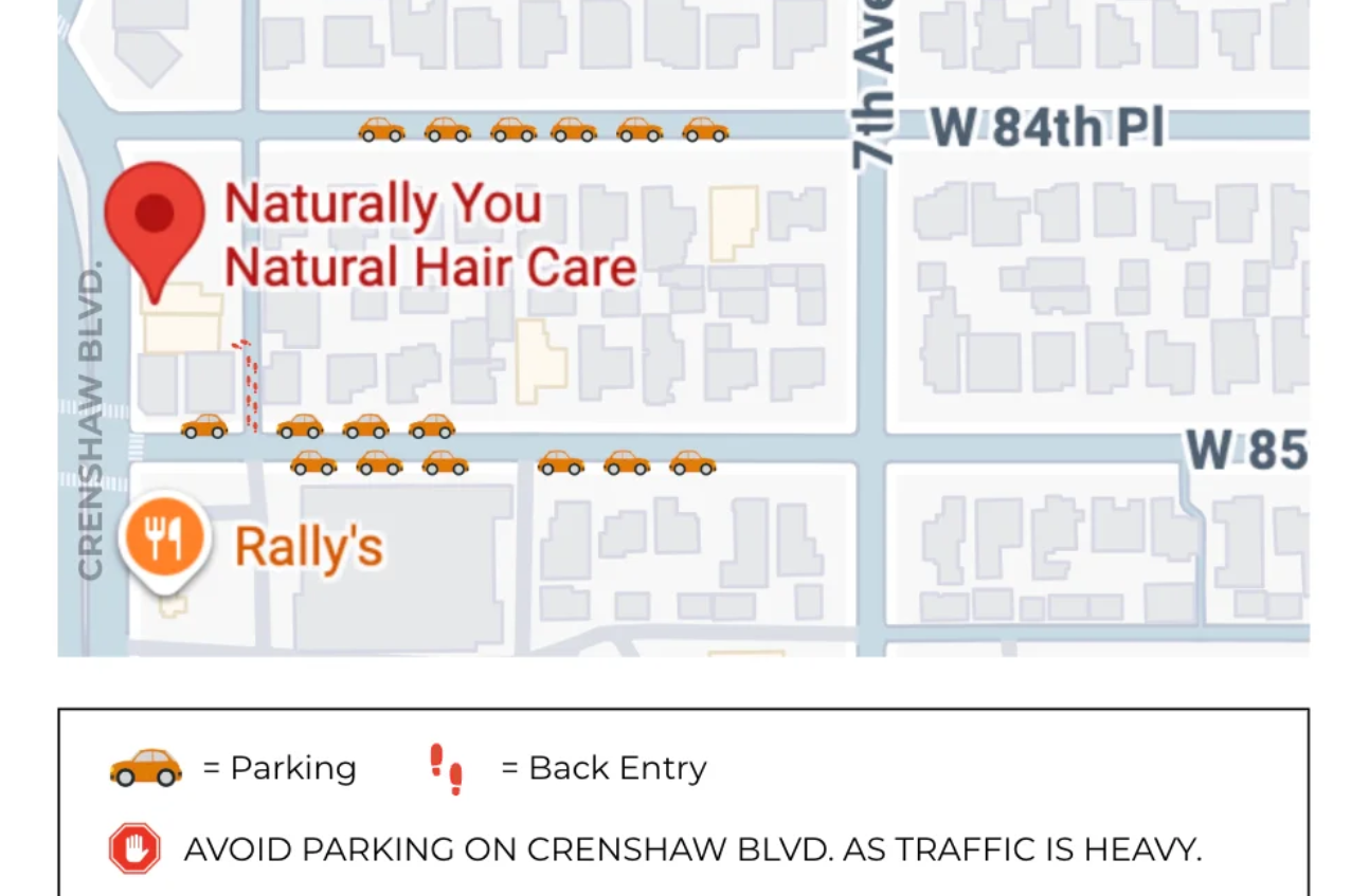 Map diagram showing available parking around the salon